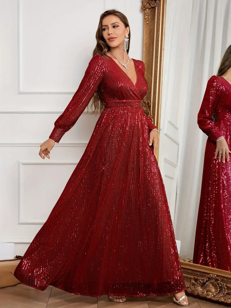 Emerald Green Sequin V-Neck Long Sleeve A-Line Dress | Delivery: 7 to 10 business days | Limited stocks available