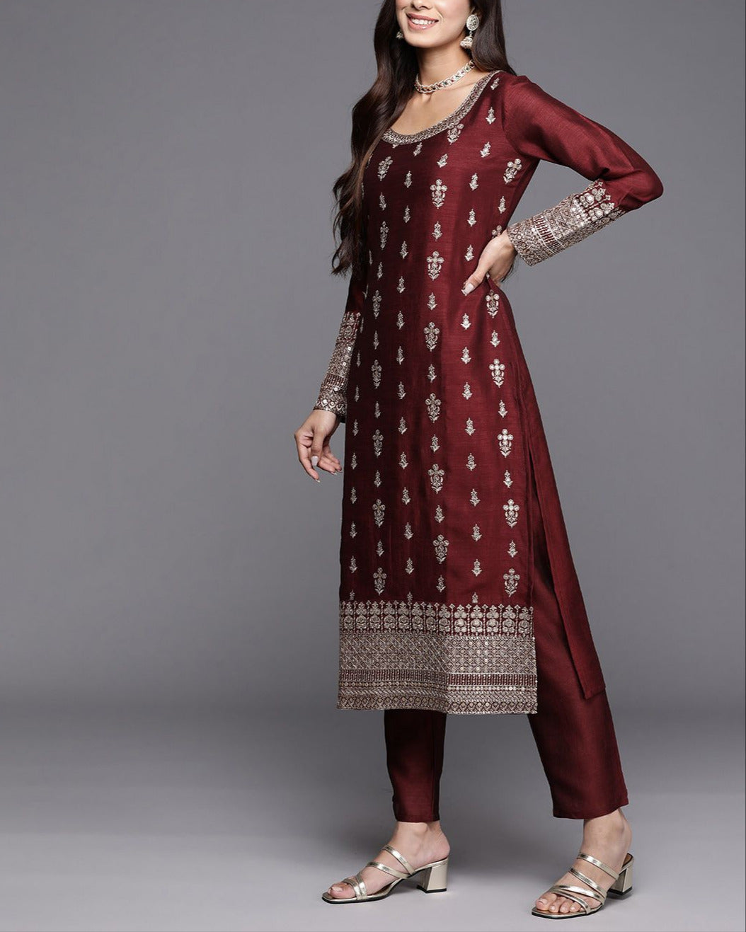 Ethnic Motifs Embroidered Regular Sequinned Kurta with Trousers & Dupatta-KYAMSTORE