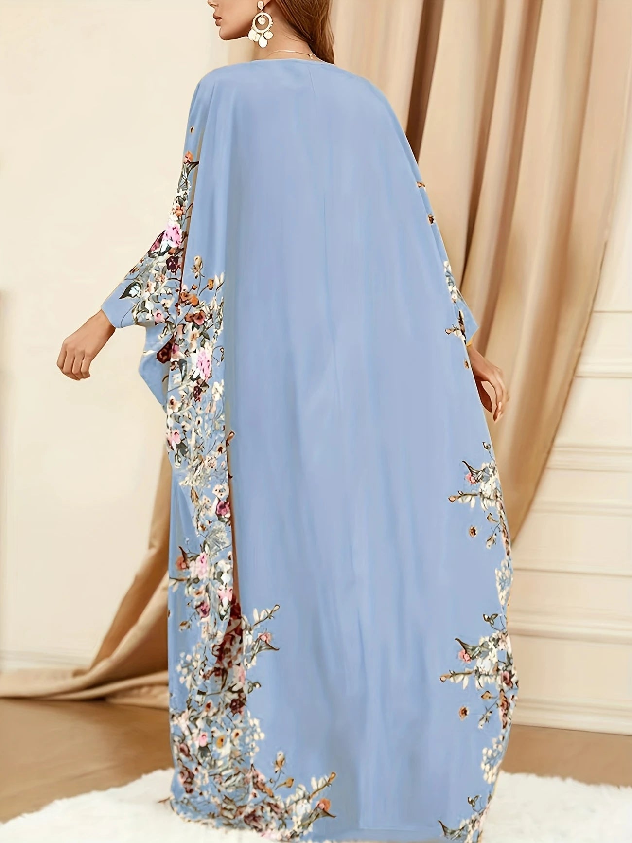 Floral Print Crew Neck Kaftan Abaya | Delivery: 7 to 10 business days | Limited stocks available | Hurry before Sold Out