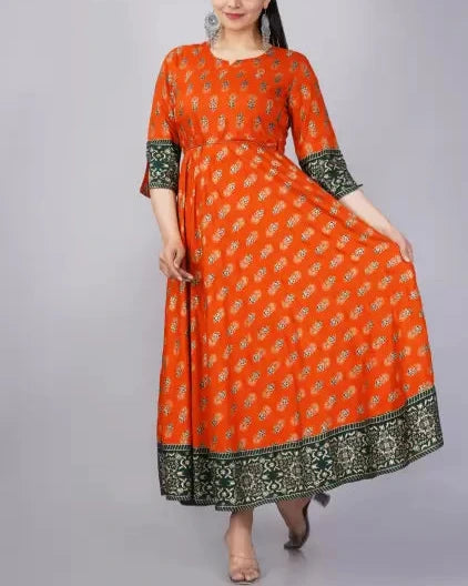 Printed Cotton Rayon Stitched Gown (Color Variants)-KYAMSTORE