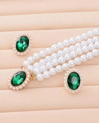 Stone, Mother of Pearl, Crystal Green, White Jewel Set-KYAMSTORE
