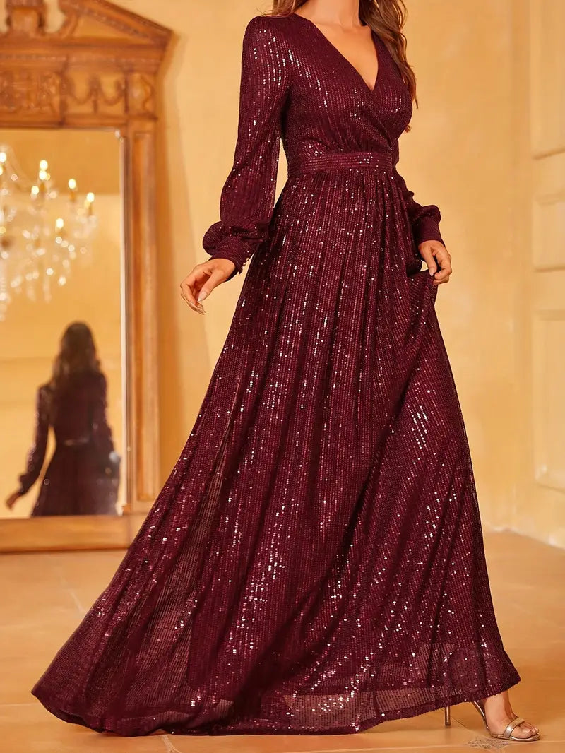 Emerald Green Sequin V-Neck Long Sleeve A-Line Dress | Delivery: 7 to 10 business days | Limited stocks available