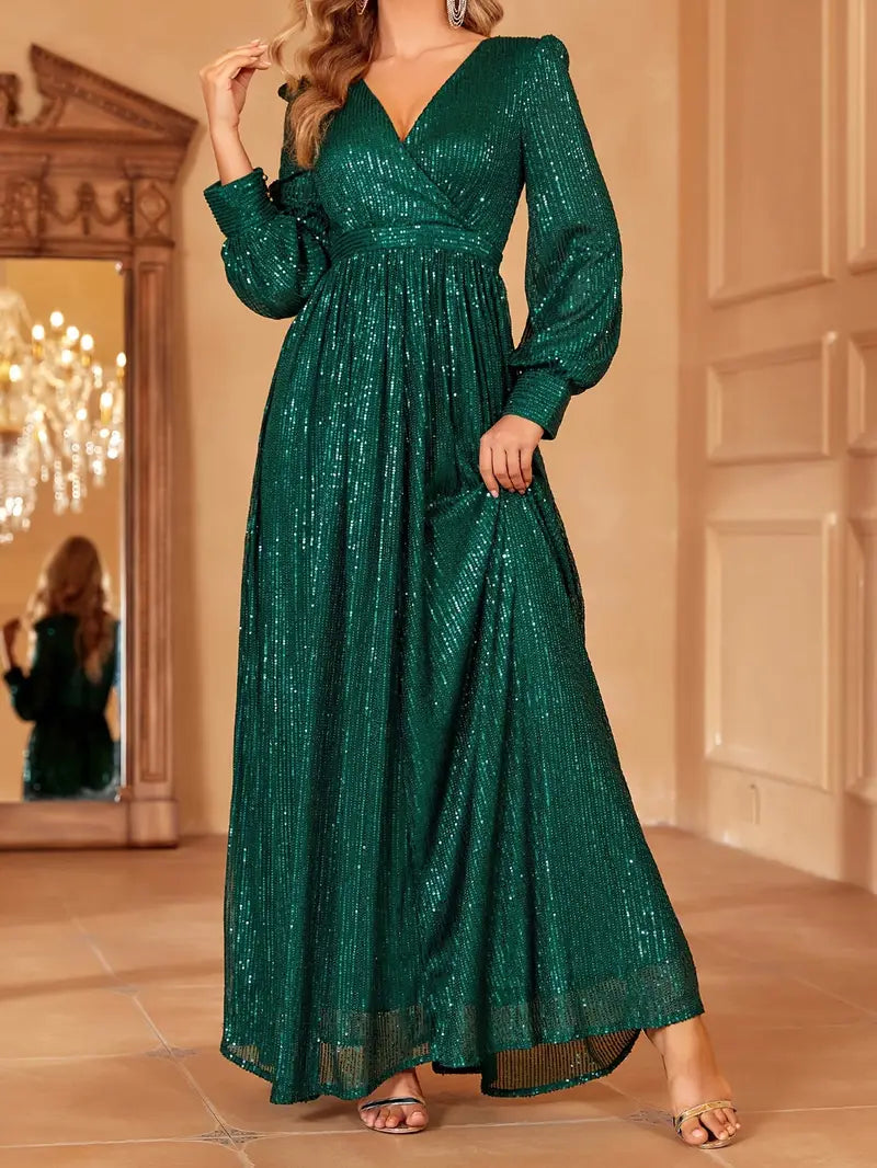 Emerald Green Sequin V-Neck Long Sleeve A-Line Dress | Delivery: 7 to 10 business days | Limited stocks available