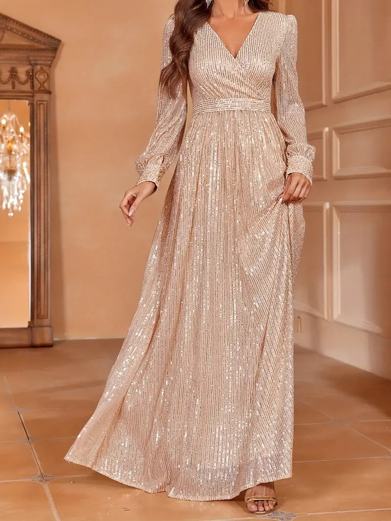 Emerald Green Sequin V-Neck Long Sleeve A-Line Dress | Delivery: 7 to 10 business days | Limited stocks available