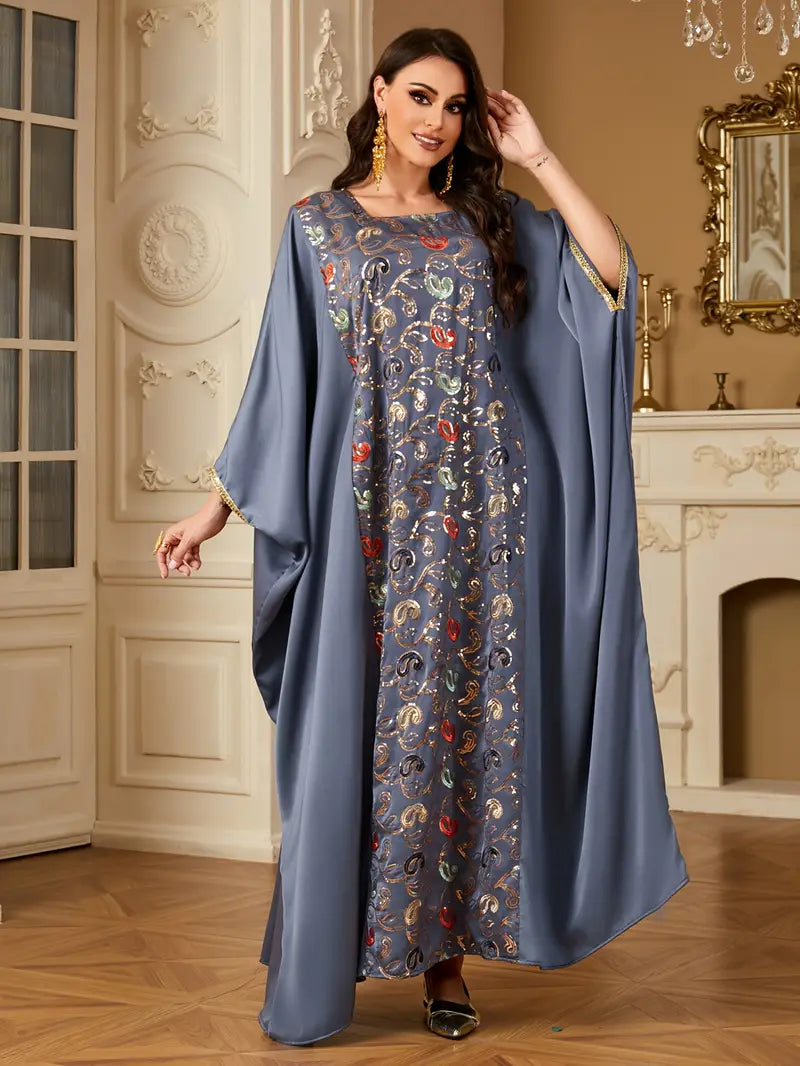 Batwing Sleeve Square Collar Sequin Arabic Long Dress | Delivery: 7 to 10 business days | Limited stocks available | Hurry before Sold Out