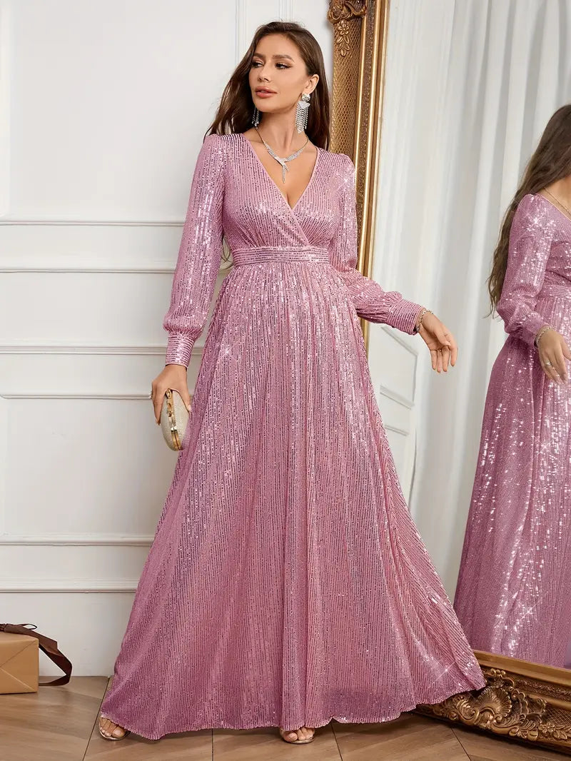 Emerald Green Sequin V-Neck Long Sleeve A-Line Dress | Delivery: 7 to 10 business days | Limited stocks available