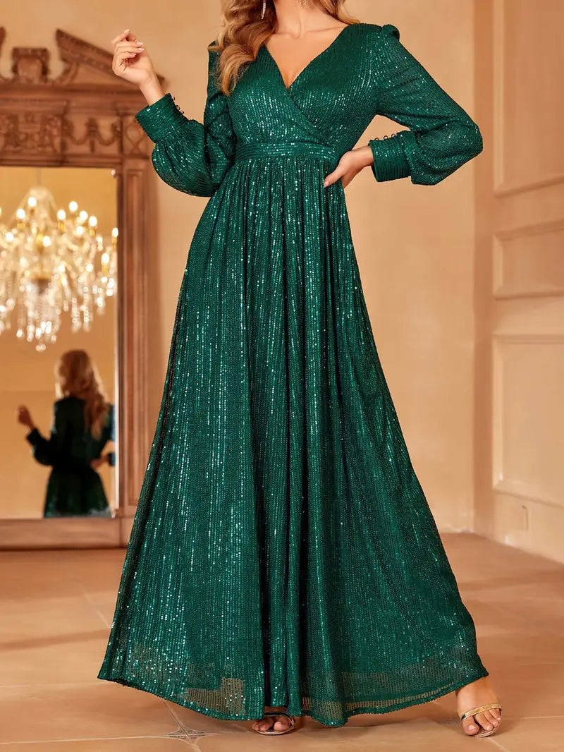 Emerald Green Sequin V-Neck Long Sleeve A-Line Dress | Delivery: 7 to 10 business days | Limited stocks available