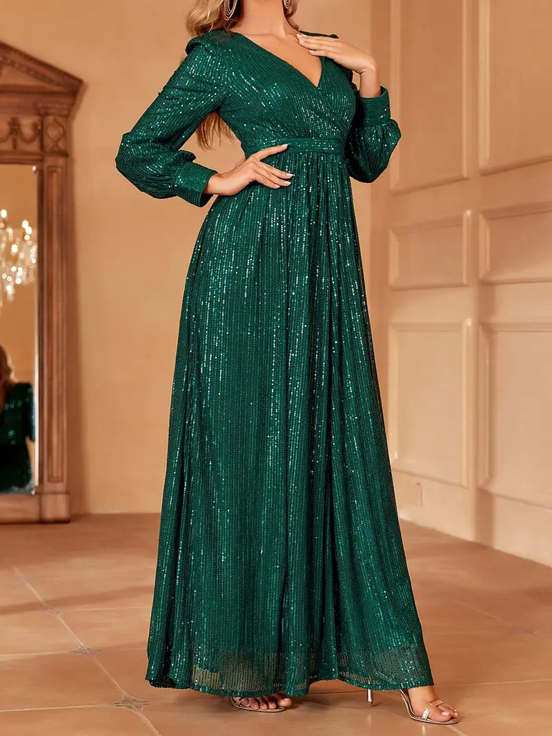 Emerald Green Sequin V-Neck Long Sleeve A-Line Dress | Delivery: 7 to 10 business days | Limited stocks available