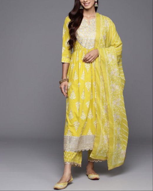 Women Floral Yoke Design High Slit Pure Cotton Kurta with Palazzos & With Dupatta-KYAMSTORE