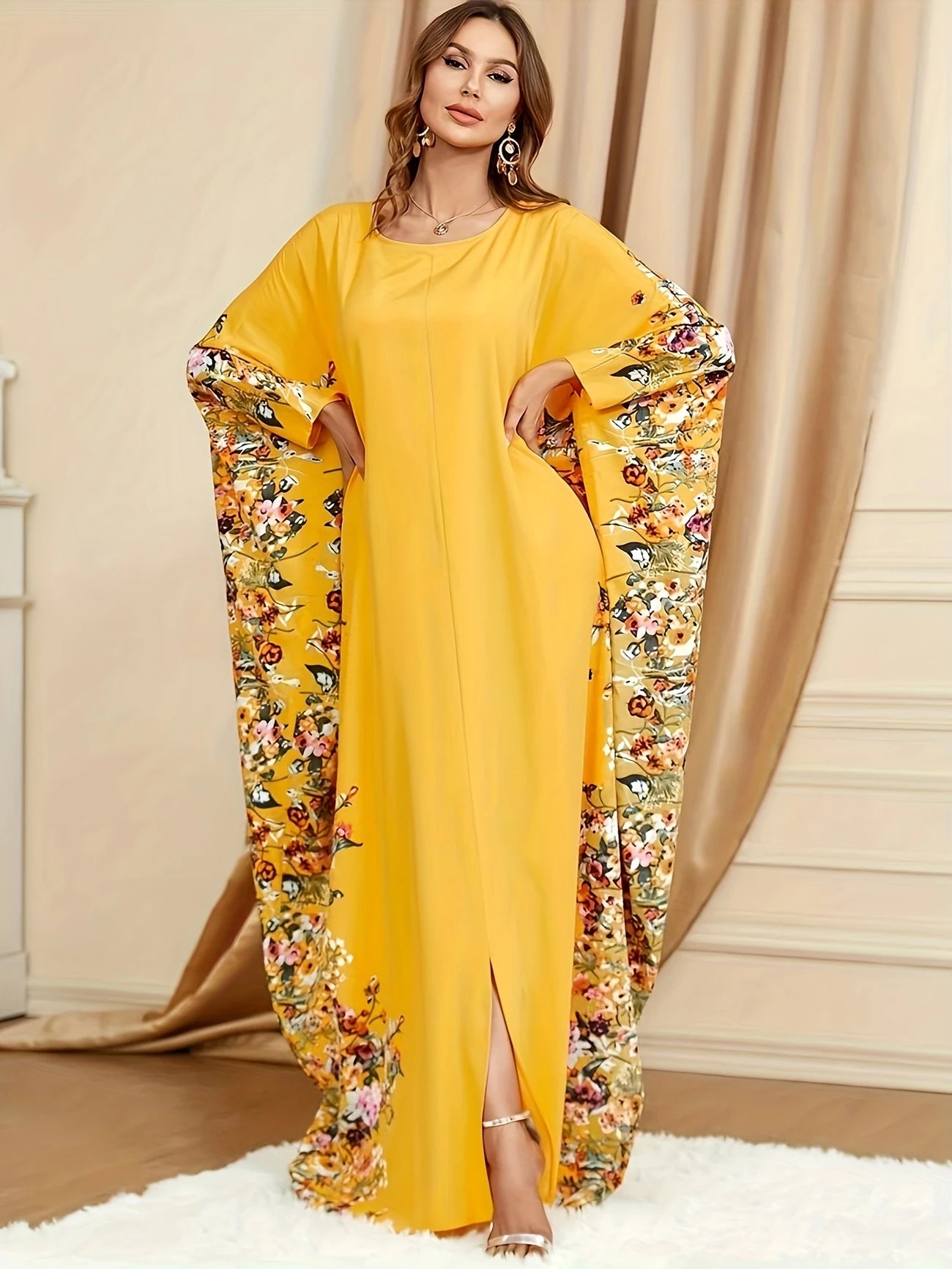 Floral Print Crew Neck Kaftan Abaya | Delivery: 7 to 10 business days | Limited stocks available | Hurry before Sold Out