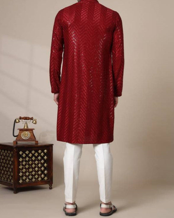 Men Chikan Embroidery Viscose Rayon Straight Kurta-KYAMSTORE