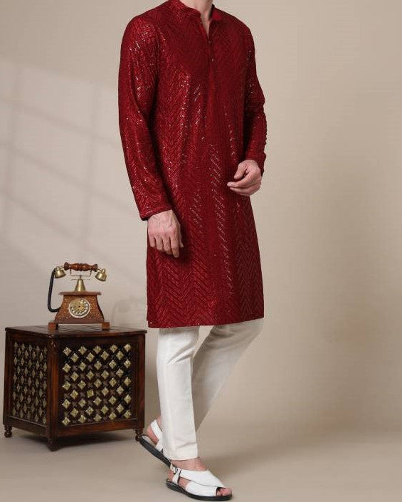 Men Chikan Embroidery Viscose Rayon Straight Kurta-KYAMSTORE
