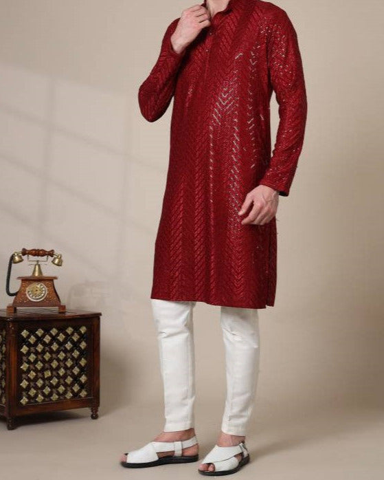 Men Chikan Embroidery Viscose Rayon Straight Kurta-KYAMSTORE