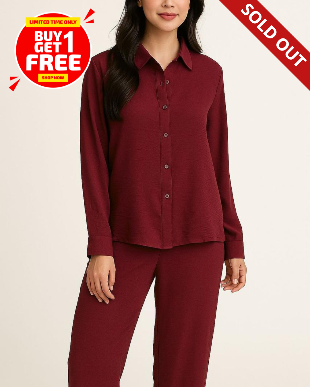 Women Buttoned Woven Blouse and Trousers Set | Buy 1 Get 1 FREE