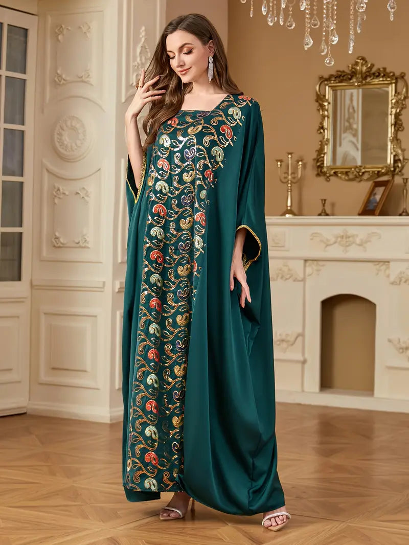 Batwing Sleeve Square Collar Sequin Arabic Long Dress | Delivery: 7 to 10 business days | Limited stocks available | Hurry before Sold Out