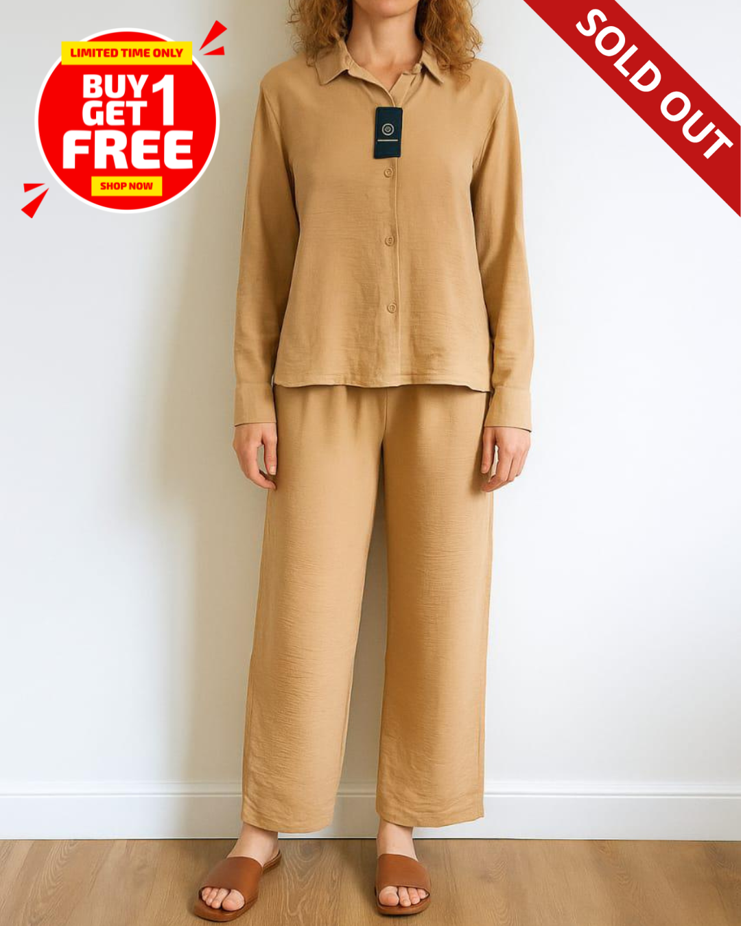 Women Buttoned Woven Blouse and Trousers Set | Buy 1 Get 1 FREE