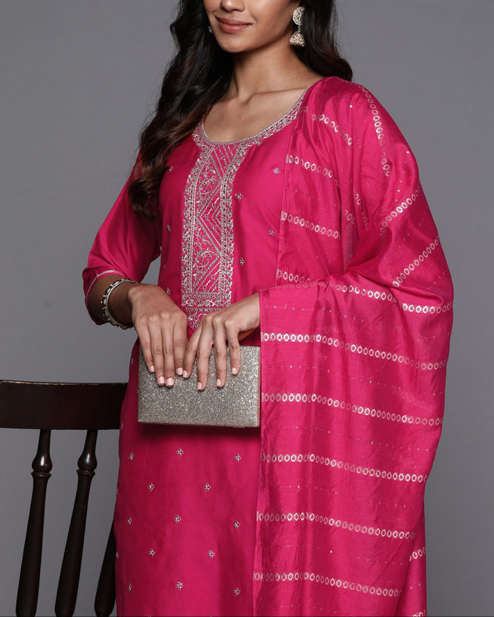 Women Floral Yoke Design Regular Sequinned Kurta with Trousers Dupatta-KYAMSTORE