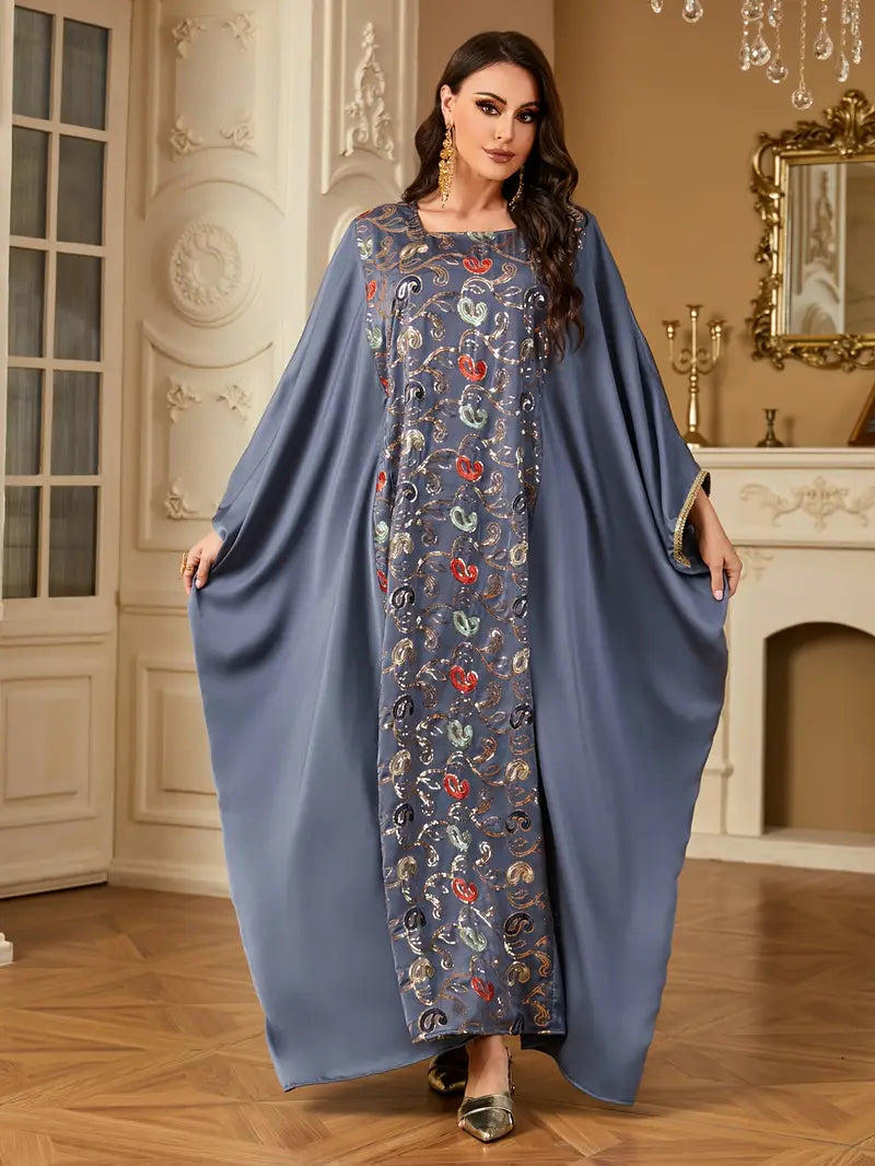 Batwing Sleeve Square Collar Sequin Arabic Long Dress | Delivery: 7 to 10 business days | Limited stocks available | Hurry before Sold Out