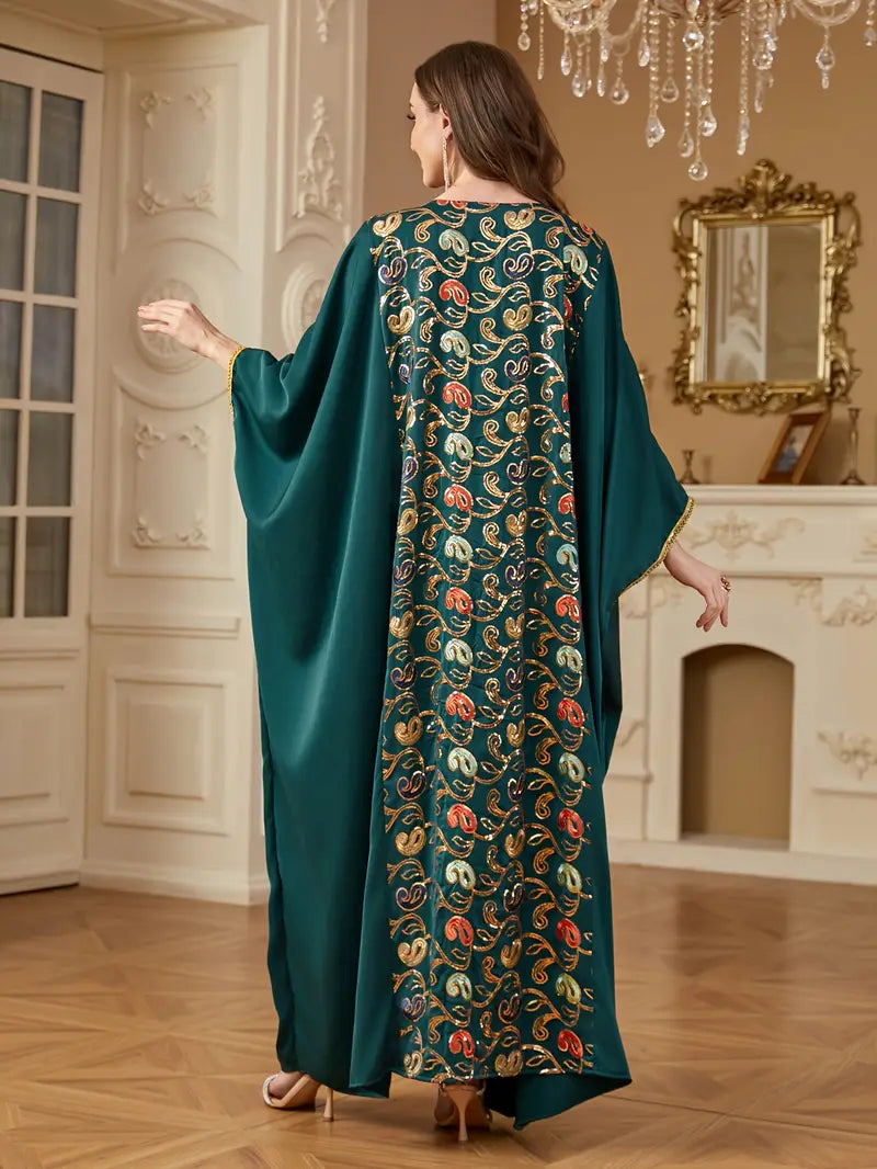 Batwing Sleeve Square Collar Sequin Arabic Long Dress | Delivery: 7 to 10 business days | Limited stocks available | Hurry before Sold Out