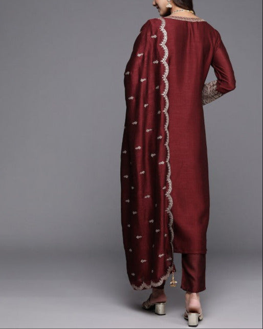 Ethnic Motifs Embroidered Regular Sequinned Kurta with Trousers & Dupatta-KYAMSTORE