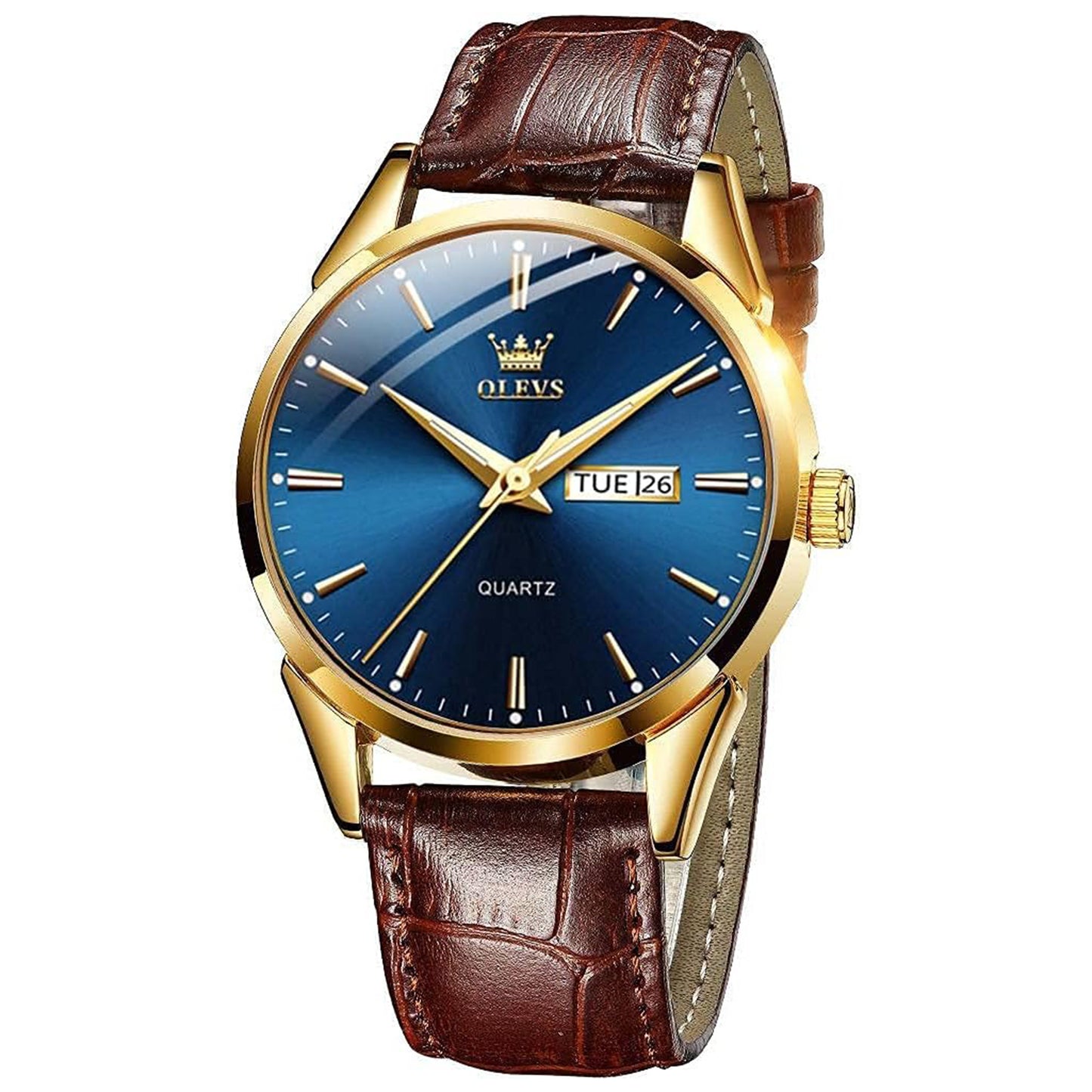 OLEVS Watches for Men Brown Leather Gold Case Analog Quartz Fashion Business Dress Watch