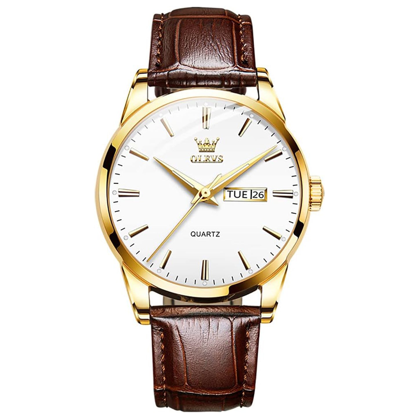 OLEVS Watches for Men Brown Leather Gold Case Analog Quartz Fashion Business Dress Watch
