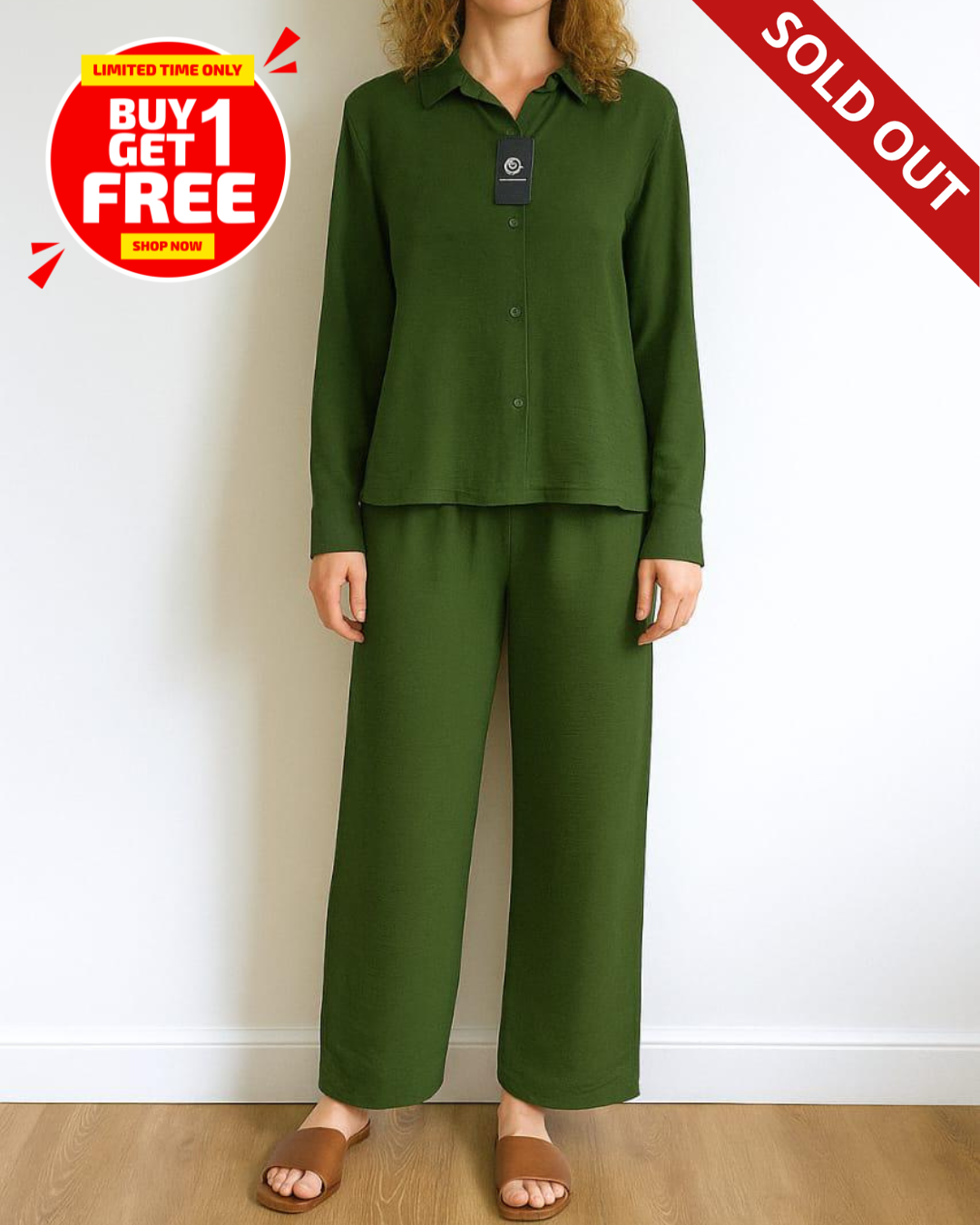 Women Buttoned Woven Blouse and Trousers Set | Buy 1 Get 1 FREE