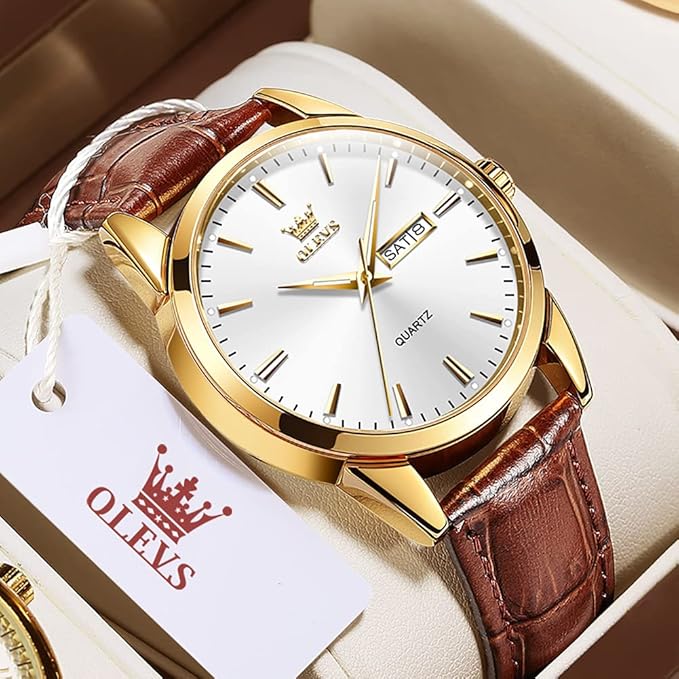 OLEVS Watches for Men Brown Leather Gold Case Analog Quartz Fashion Business Dress Watch