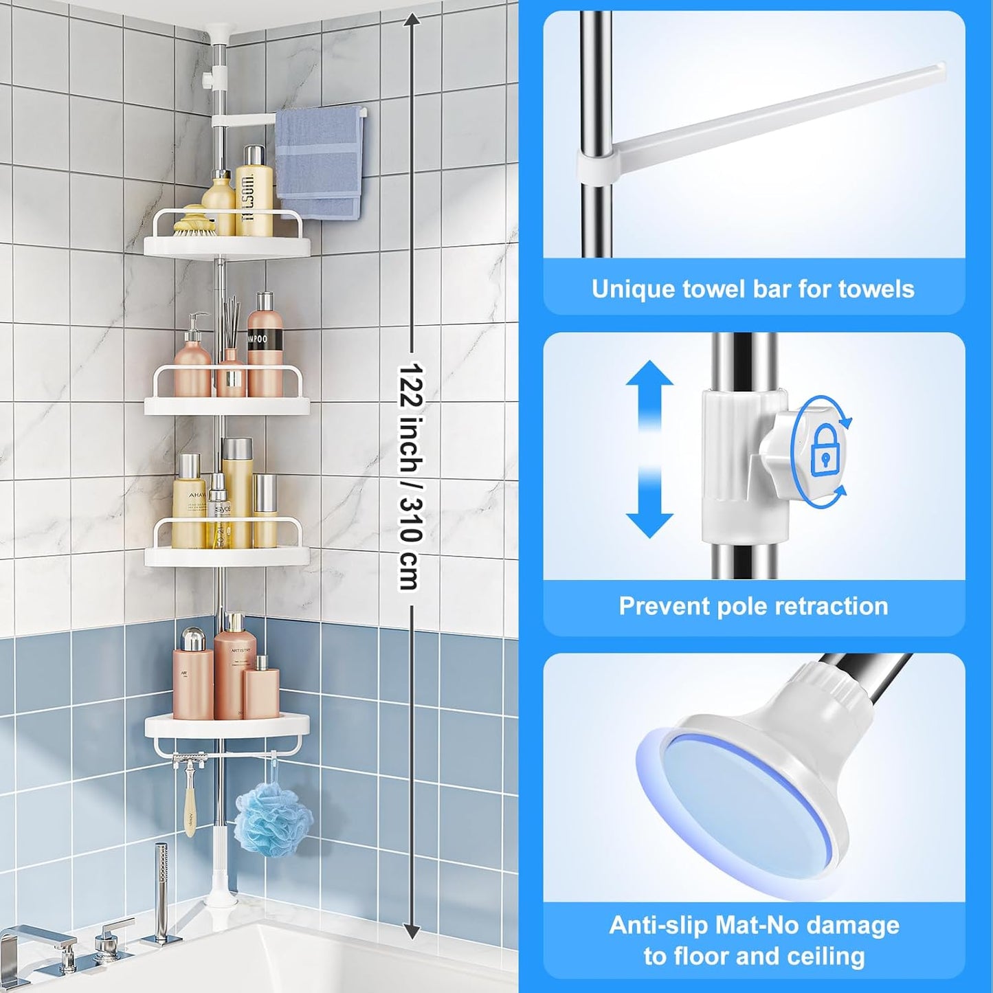 Shower Caddy Corner Tension Pole, Rustproof 4 Tier Adjustable Shower Shelf