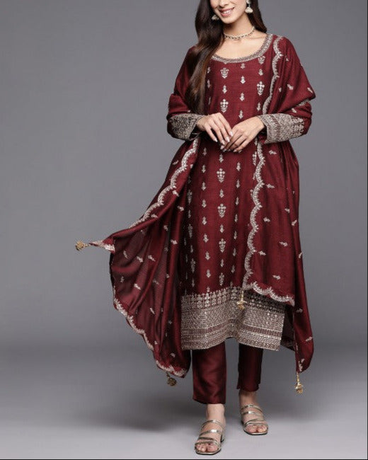 Ethnic Motifs Embroidered Regular Sequinned Kurta with Trousers & Dupatta-KYAMSTORE