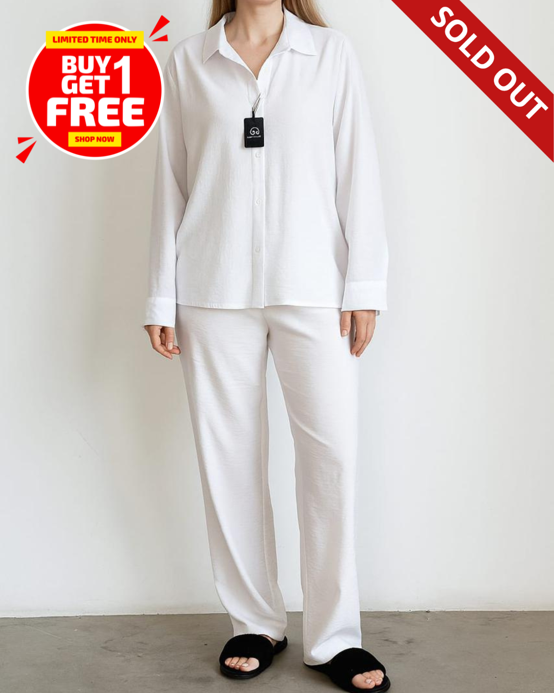 Women Buttoned Woven Blouse and Trousers Set | Buy 1 Get 1 FREE