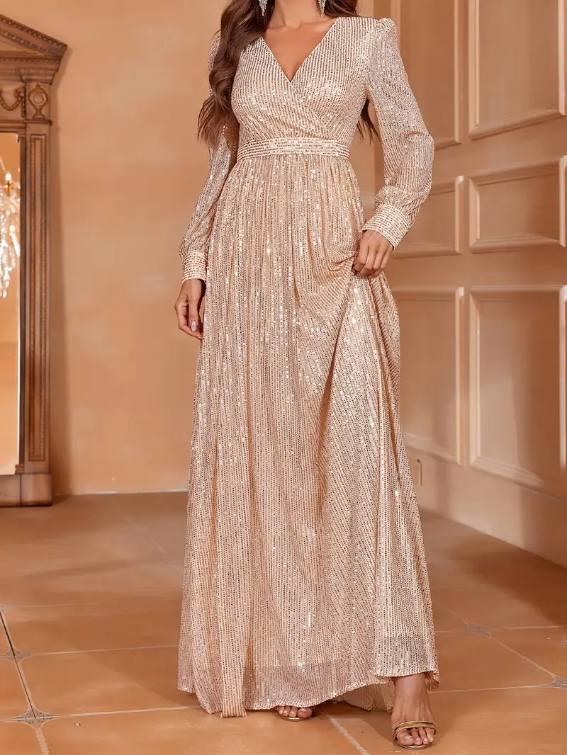 Emerald Green Sequin V-Neck Long Sleeve A-Line Dress | Delivery: 7 to 10 business days | Limited stocks available