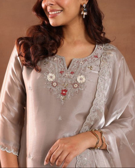 Floral Yoke Design Beads and Stones Tissue Straight Kurta with Trousers & Dupatta-KYAMSTORE