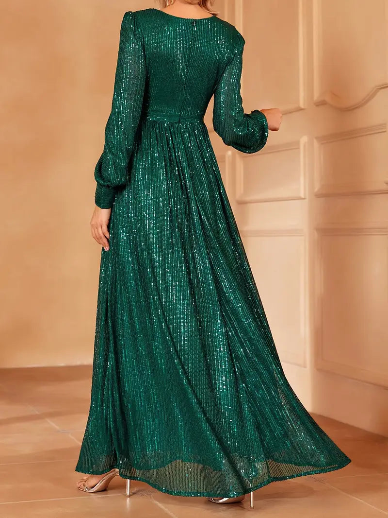 Emerald Green Sequin V-Neck Long Sleeve A-Line Dress | Delivery: 7 to 10 business days | Limited stocks available