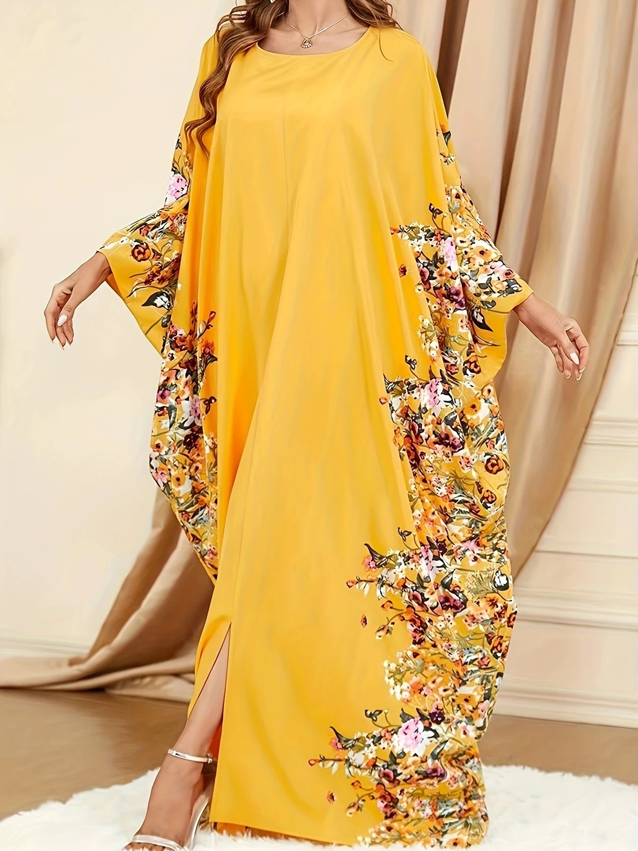 Floral Print Crew Neck Kaftan Abaya | Delivery: 7 to 10 business days | Limited stocks available | Hurry before Sold Out
