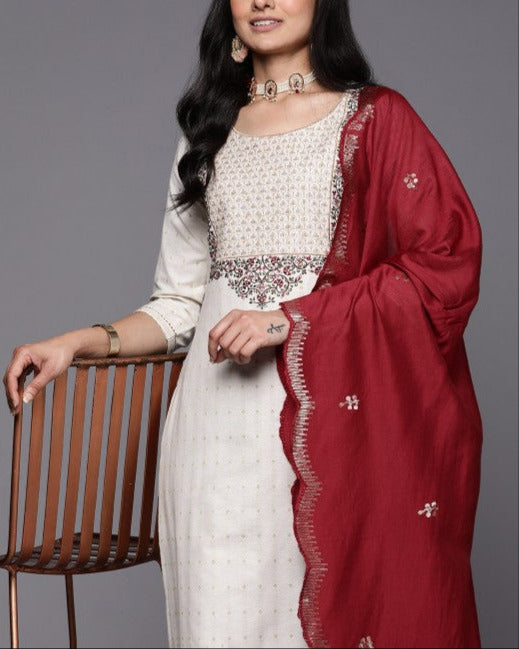 Floral Embroidered Kurta with Trousers & With Dupatta-KYAMSTORE