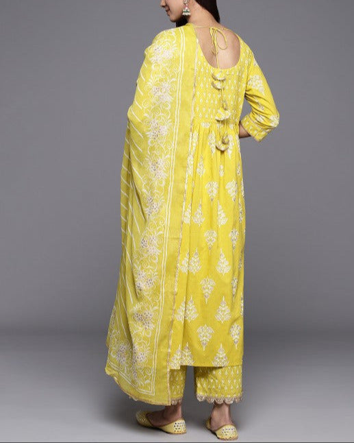 Women Floral Yoke Design High Slit Pure Cotton Kurta with Palazzos & With Dupatta-KYAMSTORE