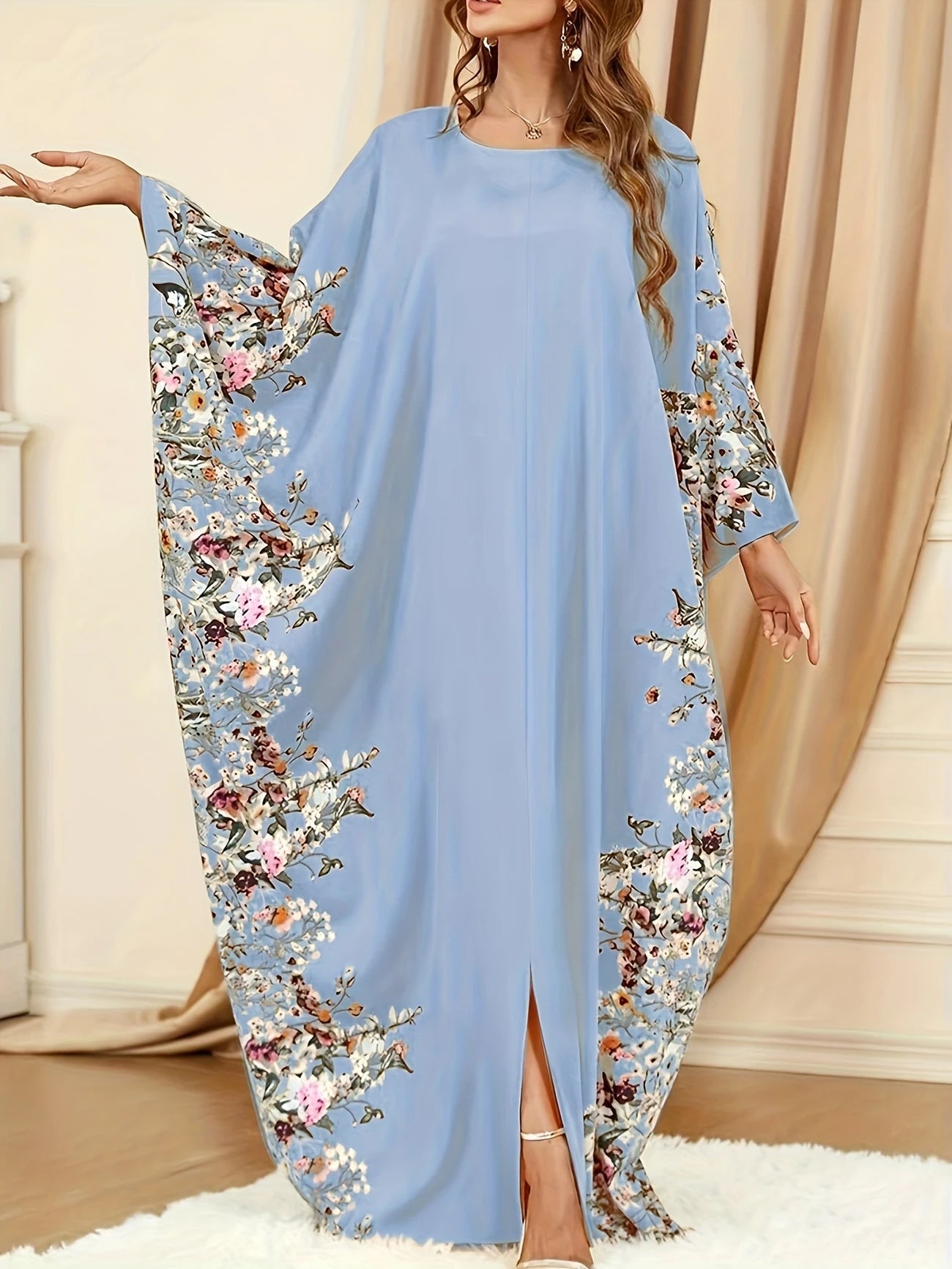 Floral Print Crew Neck Kaftan Abaya | Delivery: 7 to 10 business days | Limited stocks available | Hurry before Sold Out