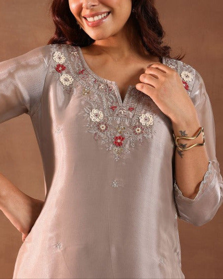 Floral Yoke Design Beads and Stones Tissue Straight Kurta with Trousers & Dupatta-KYAMSTORE