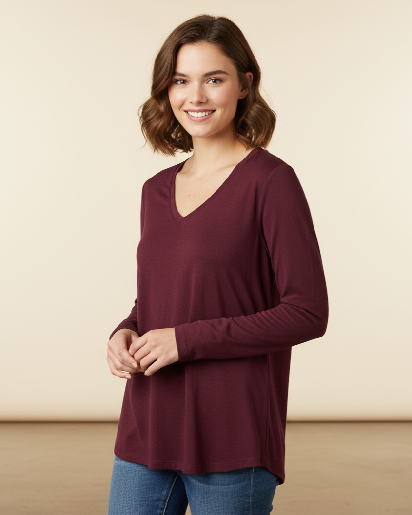 Ukay Find! Chic & Cozy Blouse Top - Deep Burgundy V-Neck