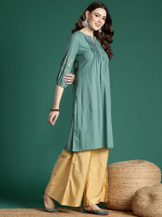 Women Pintucks Pure Cotton Kurta with Foil Print Detail