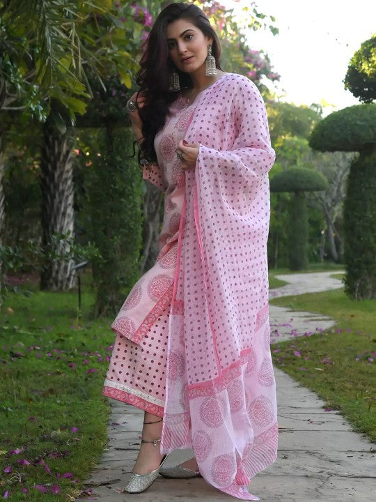 Ethnic Motifs Printed Notch Neck Straight Kurta With Palazzo And Dupatta