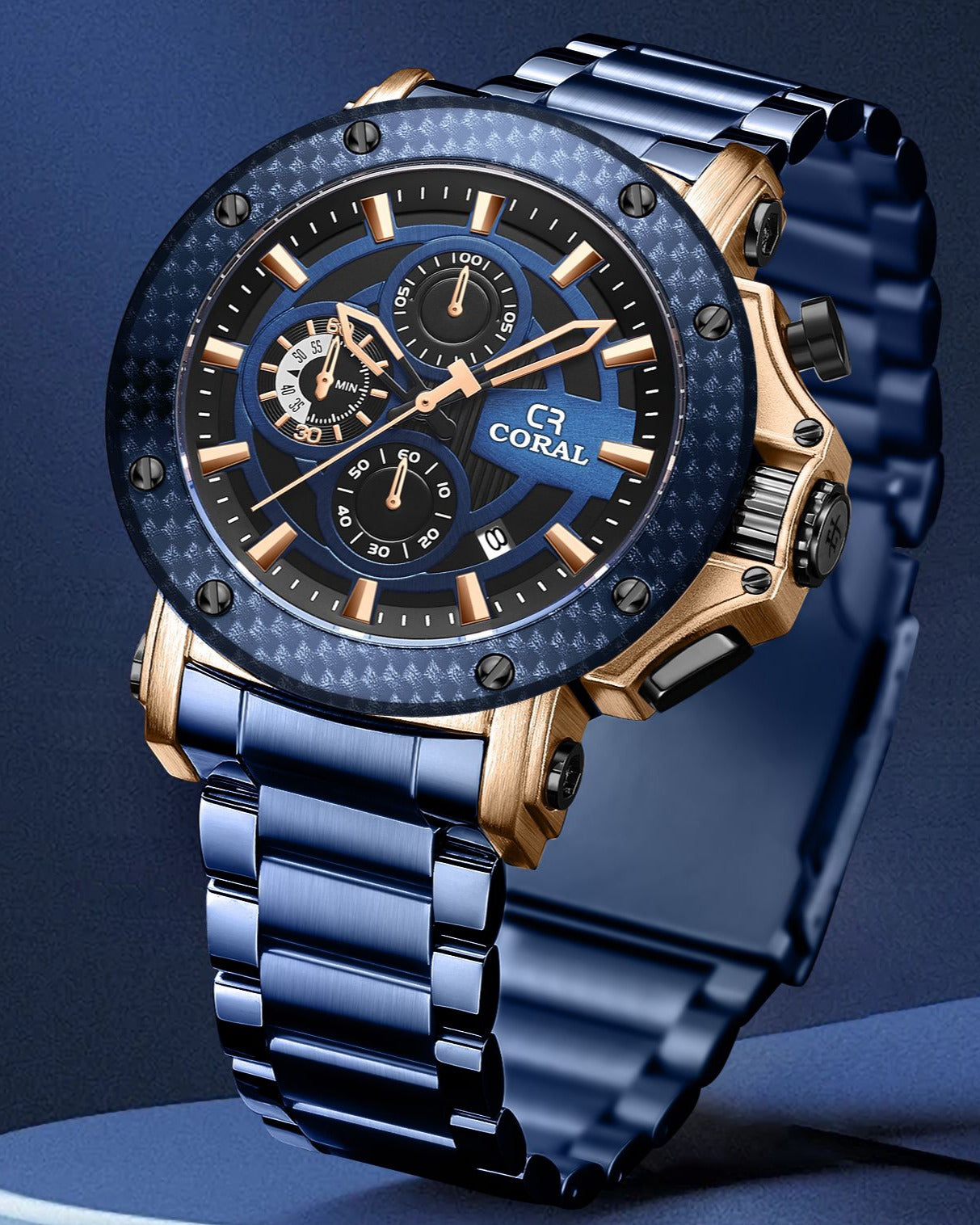 Coral Chronograph Men’s Watch With Date | Stainless Steel | Blue (9616)-KYAMSTORE