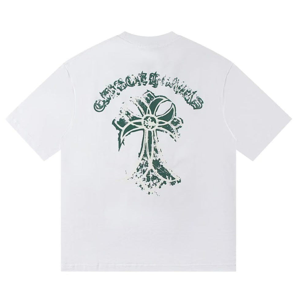 White t-shirt with green graphic design on the back against a white background