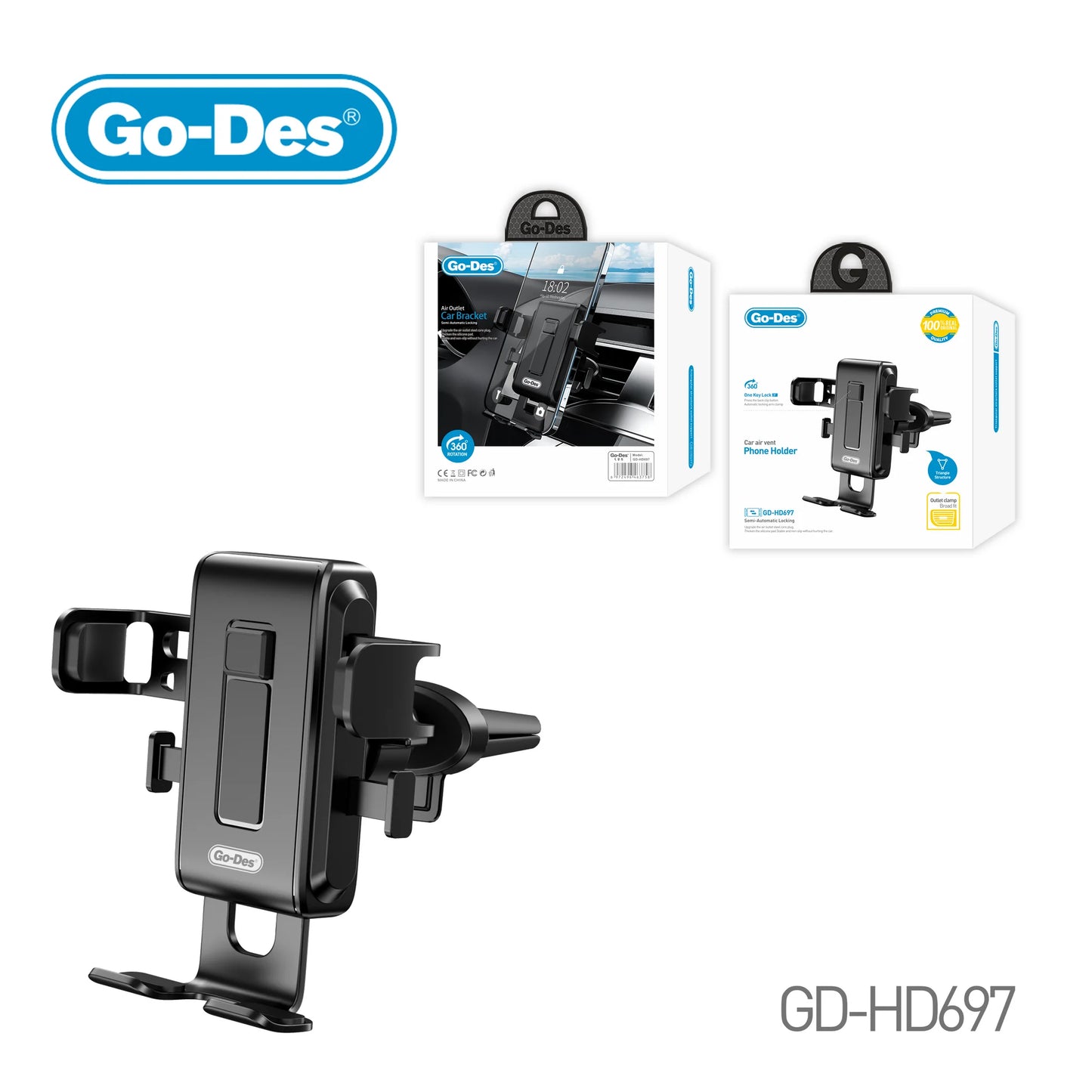 حامل هاتف Go-Des المقاوم للصدمات والمُثبت في السيارة بزاوية 360 درجة مع قفل شبه أوتوماتيكي وملاءمة عالمية