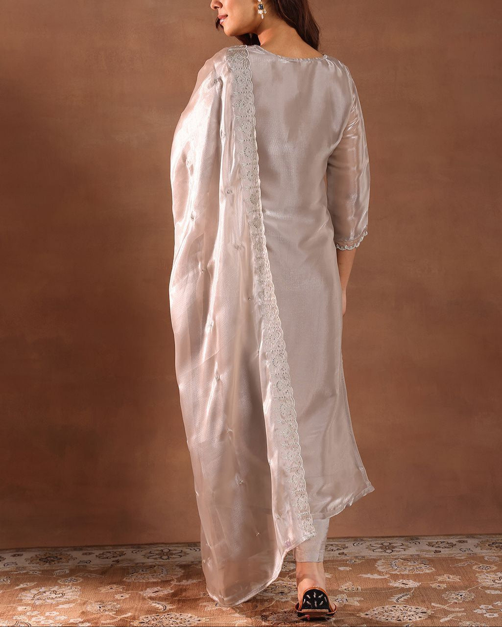 Floral Yoke Design Beads and Stones Tissue Straight Kurta with Trousers & Dupatta-KYAMSTORE