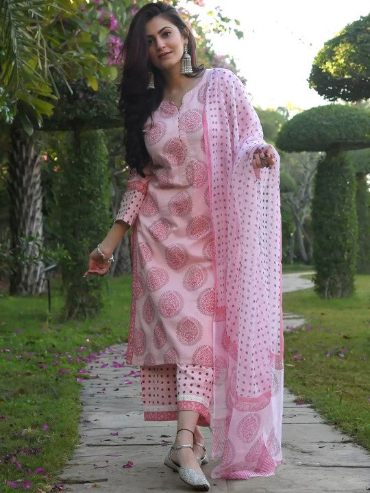 Ethnic Motifs Printed Notch Neck Straight Kurta With Palazzo And Dupatta
