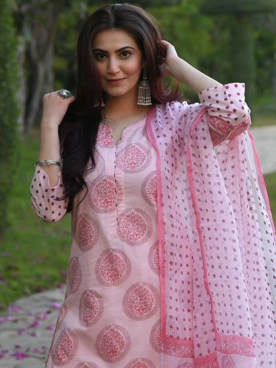 Ethnic Motifs Printed Notch Neck Straight Kurta With Palazzo And Dupatta
