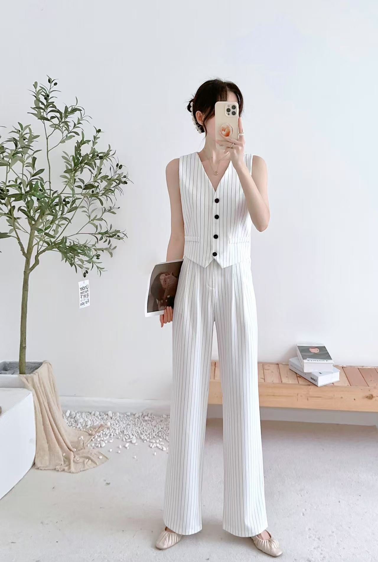 Women's Single Breasted Vest Top Cotton Linen Vintage Pocket Zipper Casual Wide Leg Pants 2 Piece Set | Free Size-KYAMSTORE
