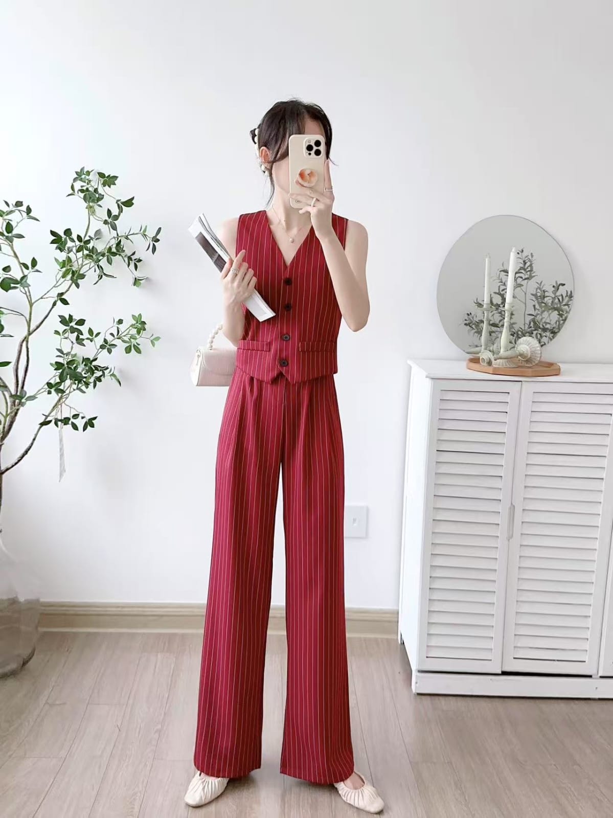 Women's Single Breasted Vest Top Cotton Linen Vintage Pocket Zipper Casual Wide Leg Pants 2 Piece Set | Free Size-KYAMSTORE